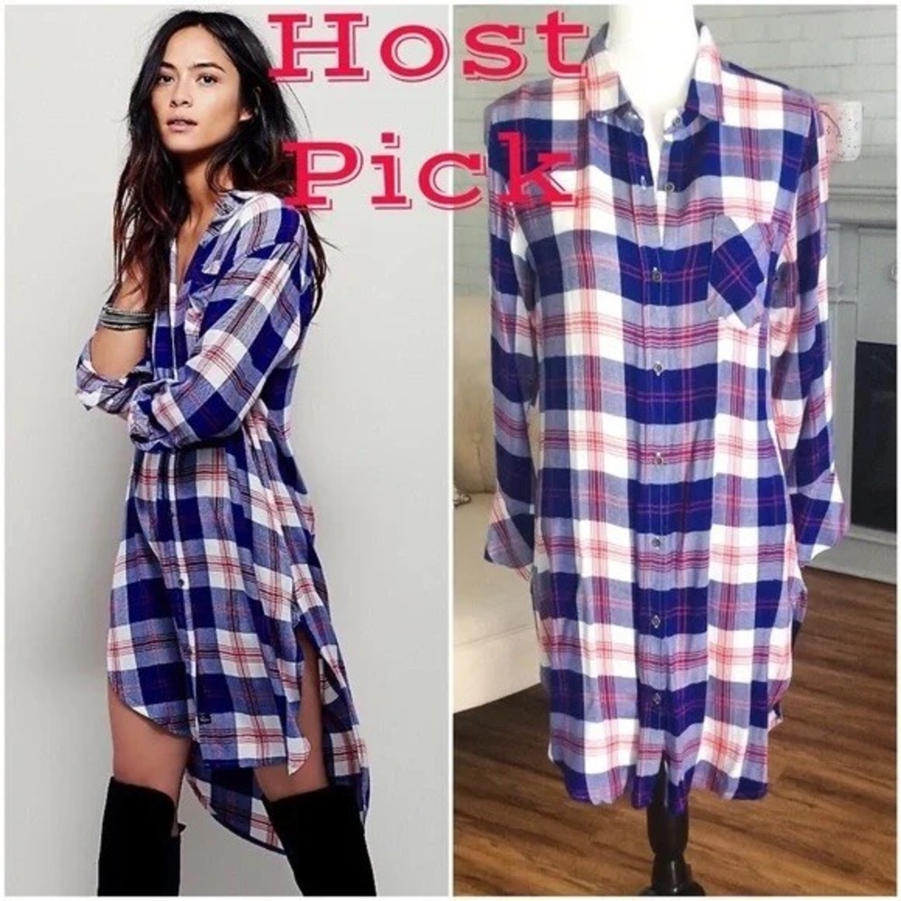 NWT Free People RAILS Plaid Button Down Long Sleeve Shirt Dress XS